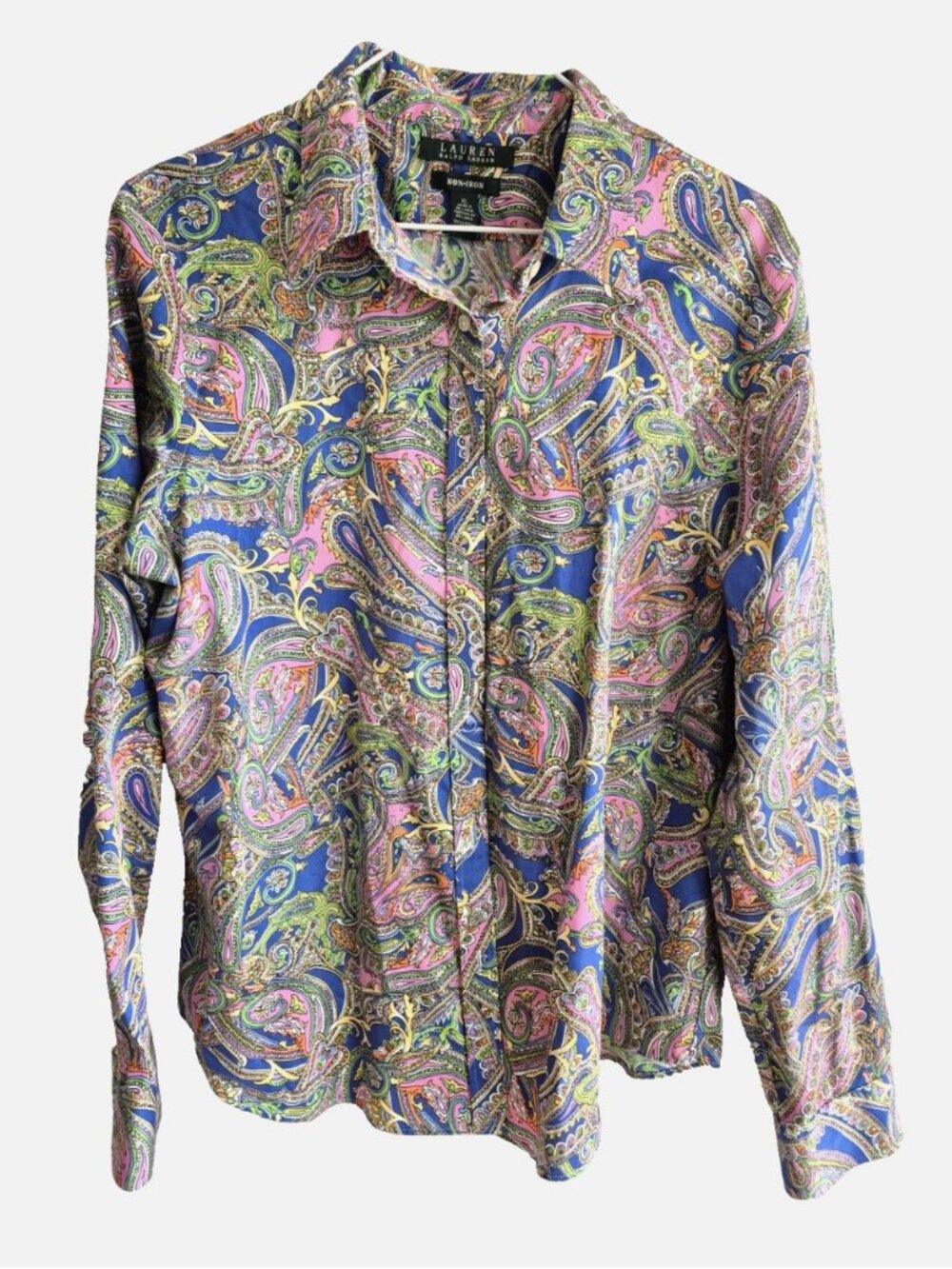 Lauren Ralph Lauren Shirt Pink Paisley Print Button Up Non Iron Womens XL EUC